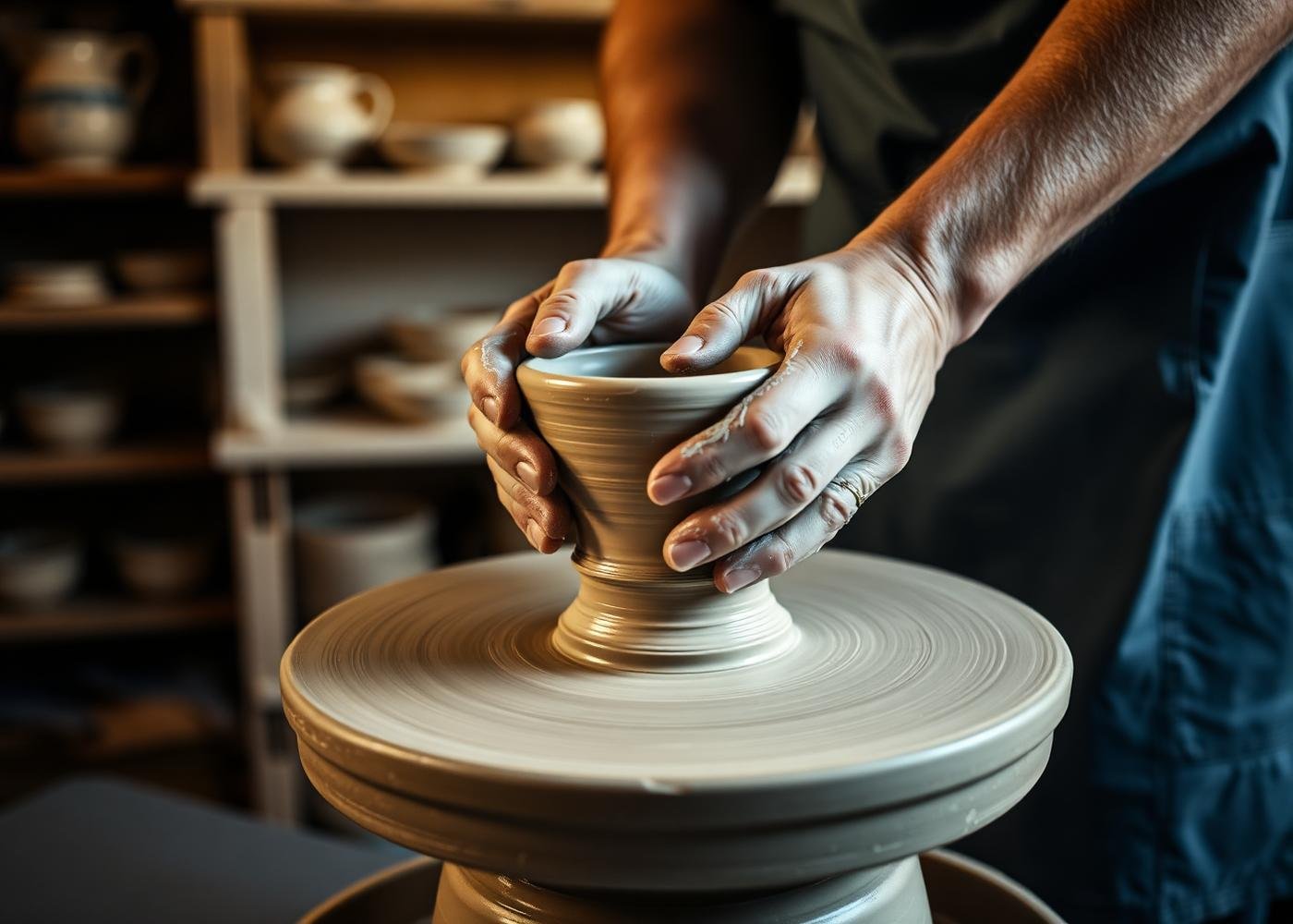 Mãos de artesão a modelar barro no torno, atelier CS Ceramics